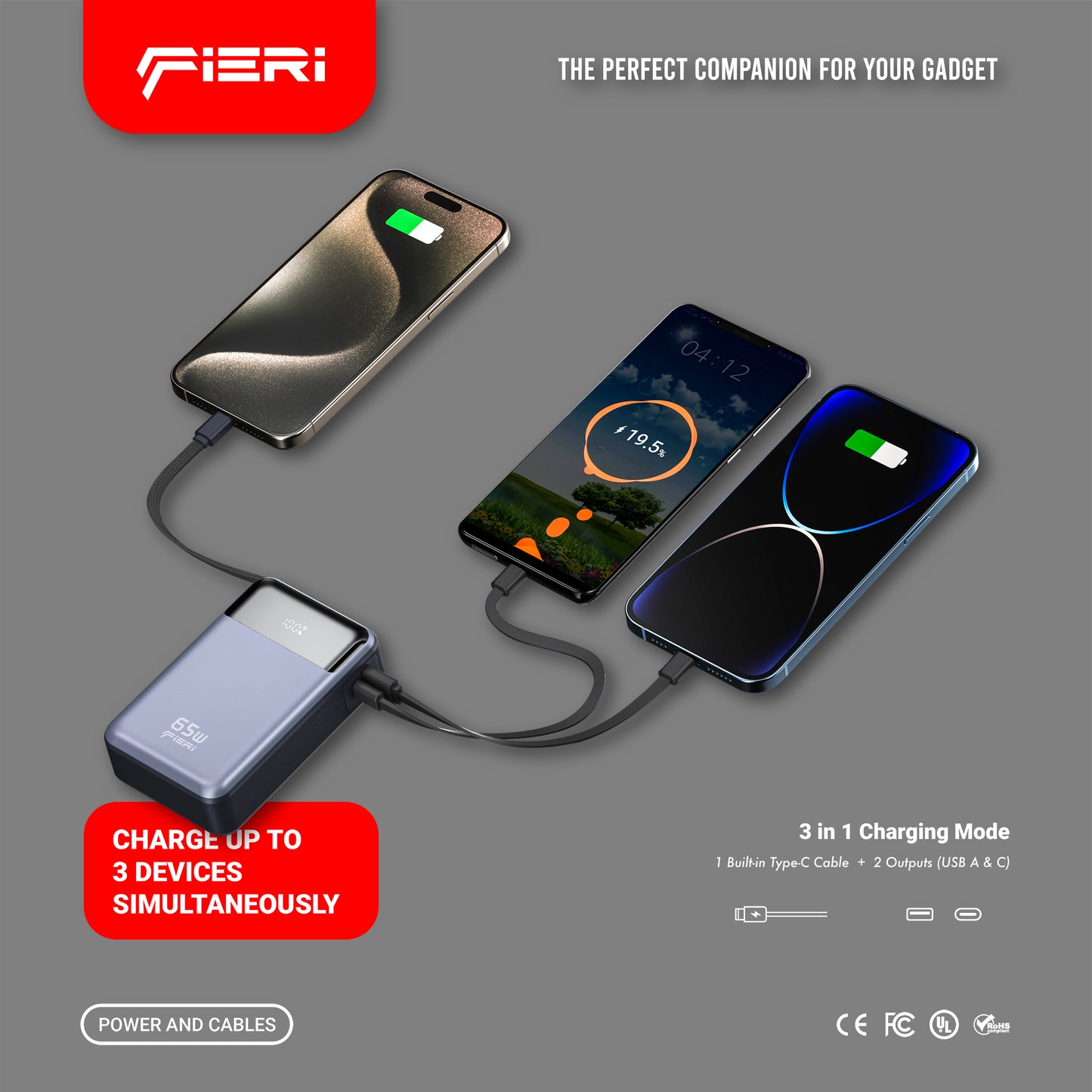 Fieri Power Bank PowerLink One — 65W 20,000 mAh with Built-in USB-C Cable