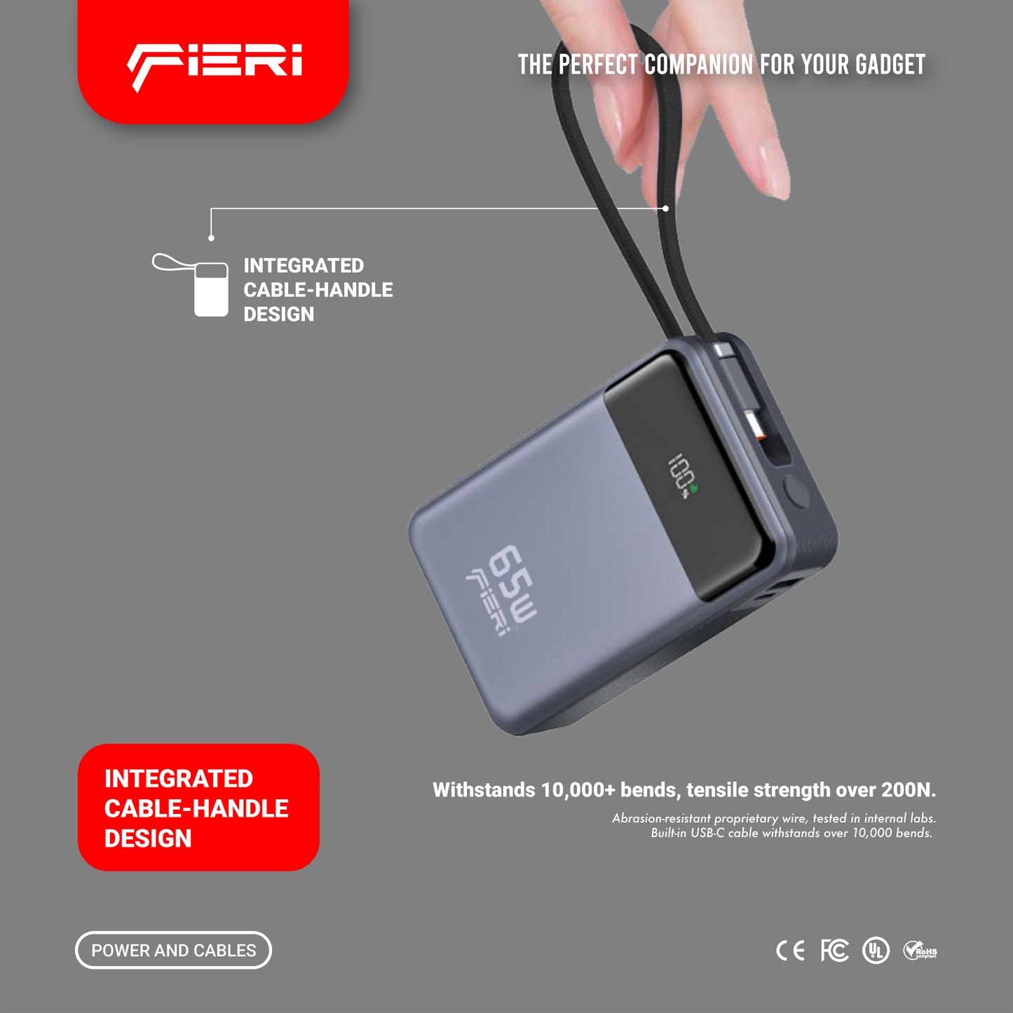 Fieri Power Bank PowerLink One — 65W 20,000 mAh with Built-in USB-C Cable