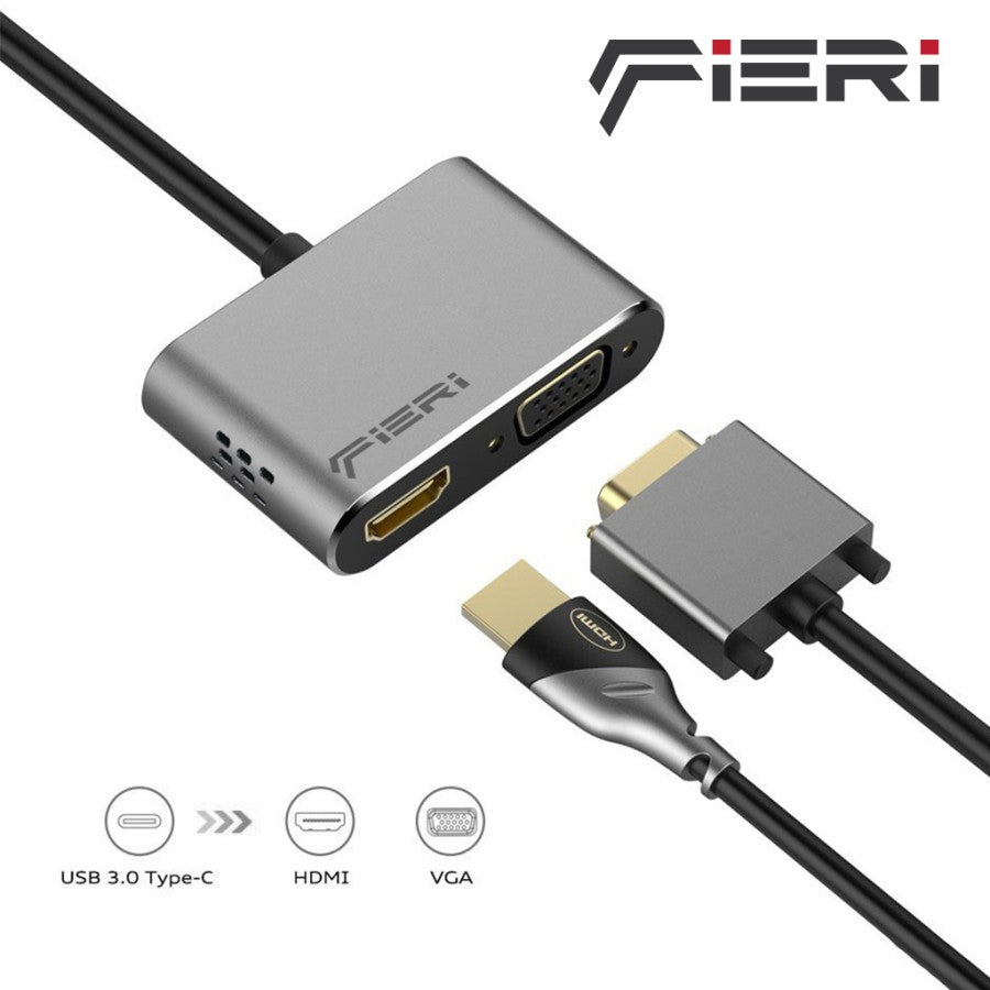 Fieri 2in1 Converter USB Type C to HDMI 4K VGA Adapter Windows Mac