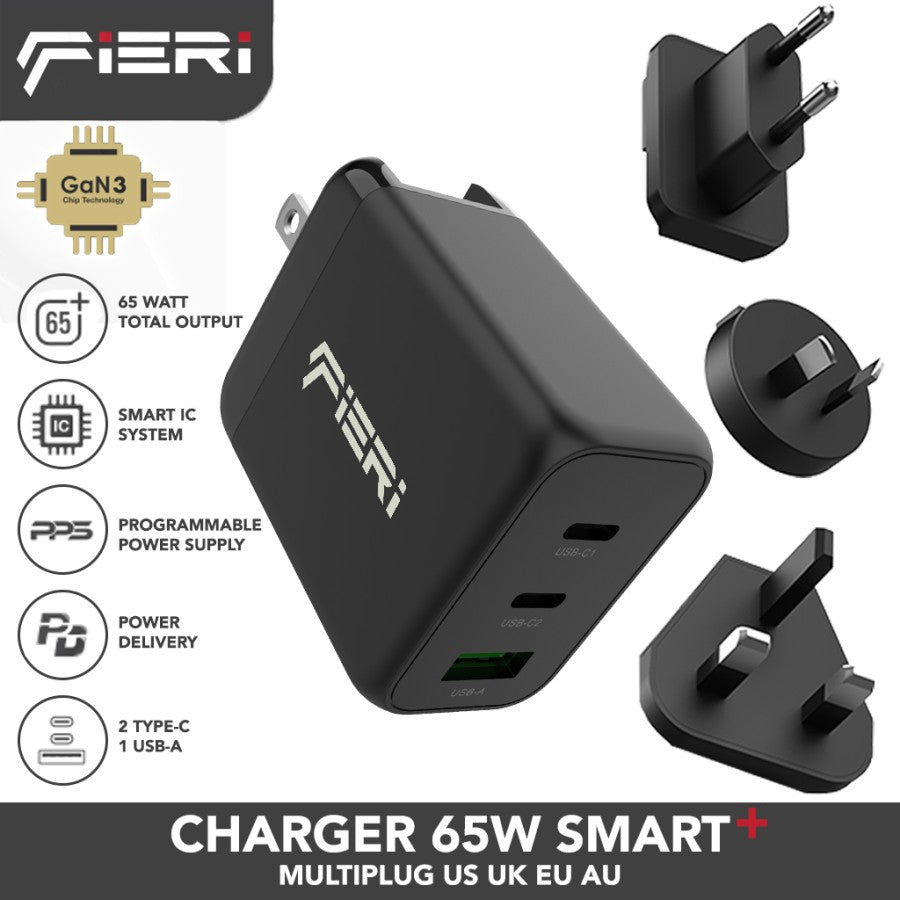 Fieri Wall Travel Charger 65 Watt 2x USB-C 1x USB-A Smart+ Gan III PPS PD