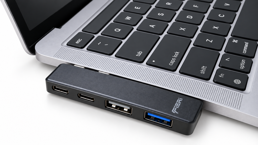 FIERI NeoHub 4-in-1 terpasang pada sisi MacBook, memperlihatkan dua port USB-C dan dua port USB-A.